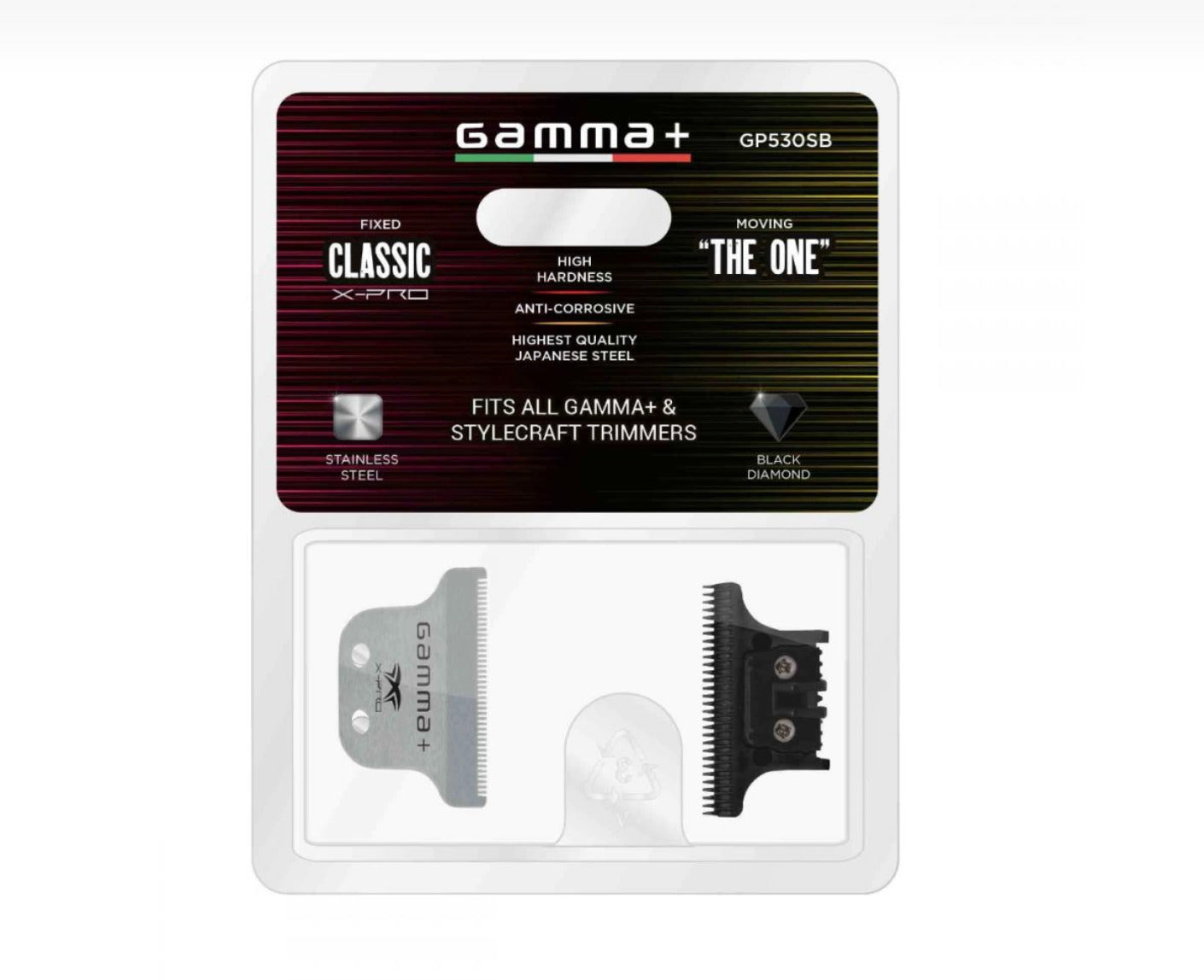 Gamma+ Fixed Classic Stainless Steel X-Pro Wide Hair Trimmer Blade with Black Diamond Carbon DLC – “The One Cutter Set”