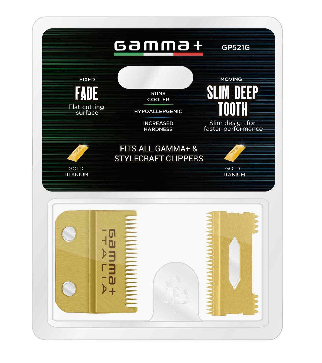 Gamma+ REPLACEMENT FIXED GOLD TITANIUM FADE CLIPPER BLADE WITH GOLD TITANIUM MOVING SLIM DEEP TOOTH CUTTER SET